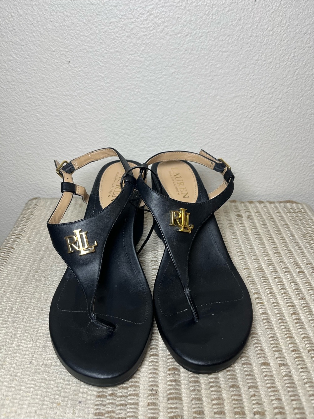 Ralph Lauren Black Leather Wedge Sandals with Gold RL Logo Size 6.5